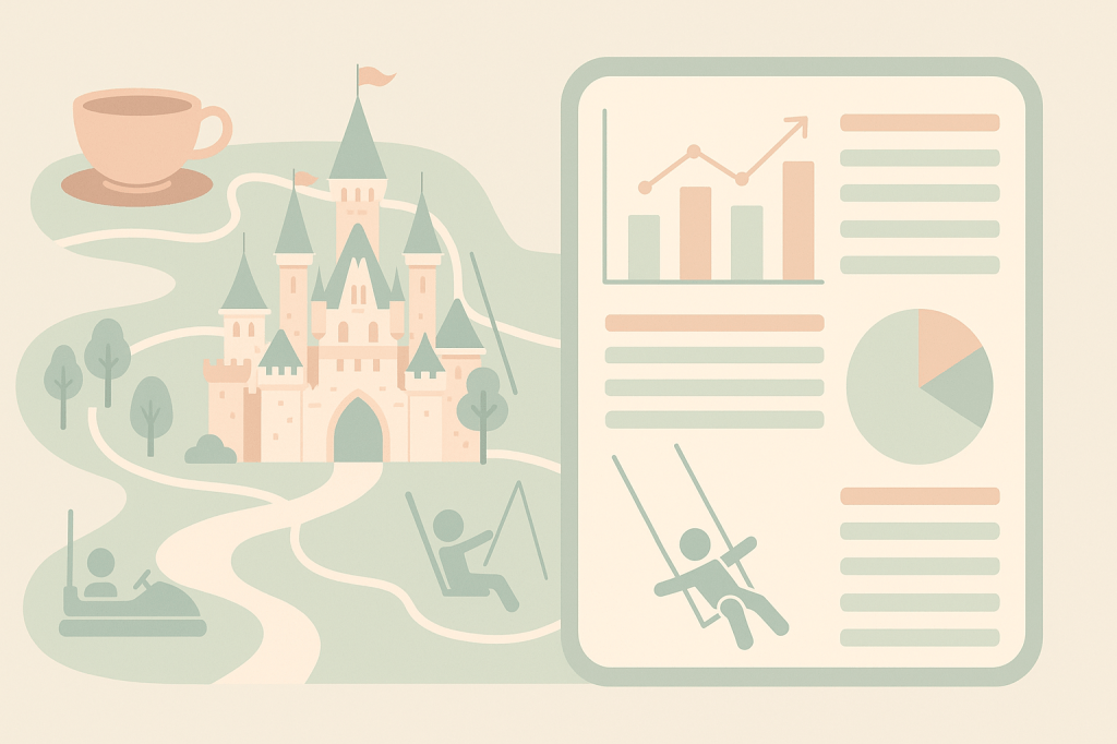 An illustrated image featuring a whimsical castle, abstract graphs, and playful figures engaging in amusement park activities like swinging and bumper cars, set against a pastel background.