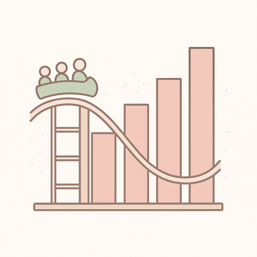 An illustration of a roller coaster with three riders, accompanied by a series of bar charts representing data trends.
