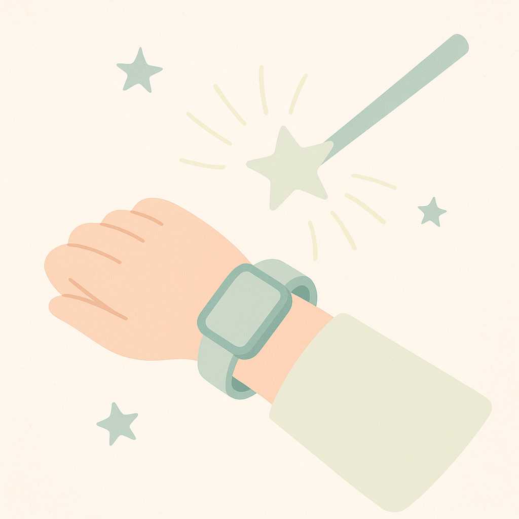Illustration of a hand wearing a green wristband, with magical stars and a wand in the background.