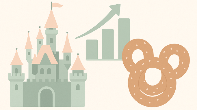 An illustrated castle with turrets and a flag, alongside a rising graph and a Mickey-shaped pretzel.